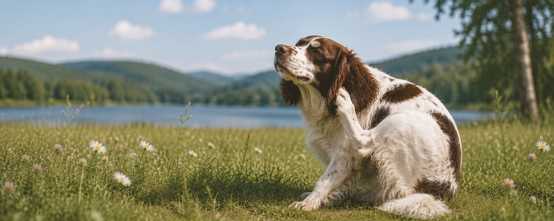 A brown-and-white spaniel sitting in a meadow, scratching an ear with a hind paw, lake and hills behind