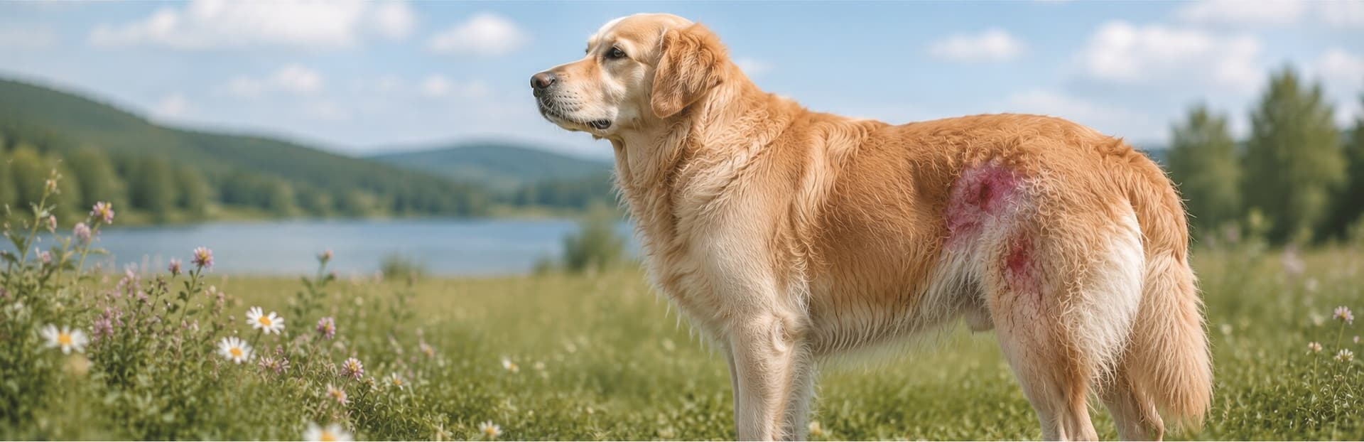 A golden retriever standing in a wildflower meadow with a visible red inflamed hot spot on its rump, lake and hills in the background