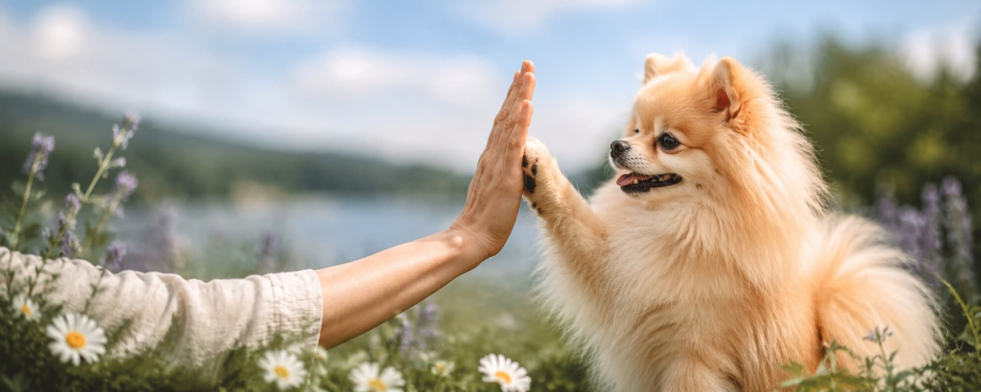 A Pomeranian pressing its paw against a human hand in a high-five gesture, wildflowers and a lake in the background