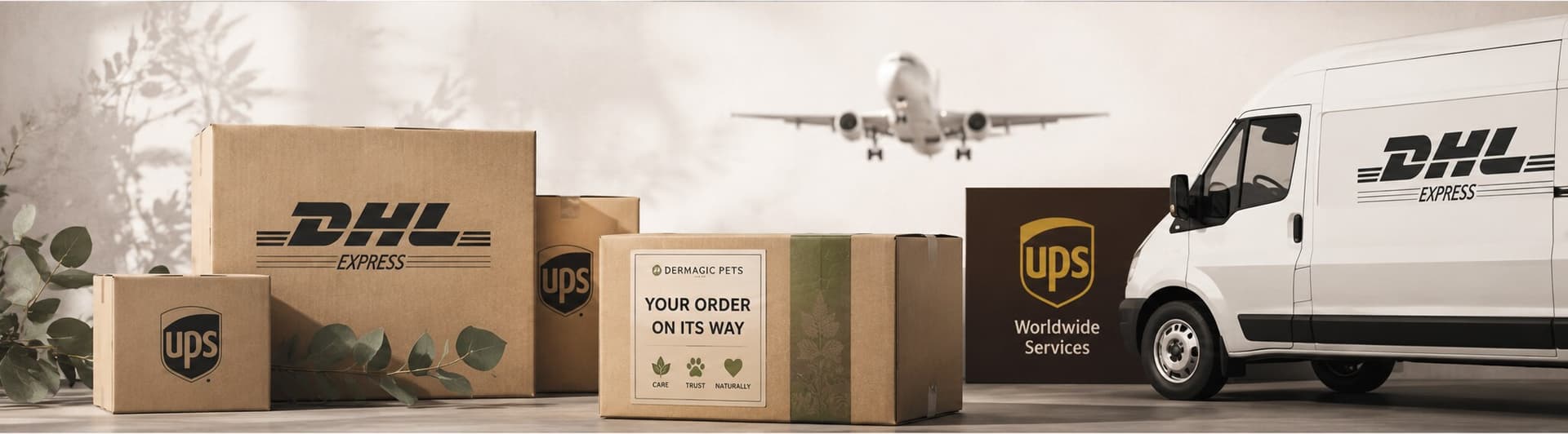 Dermagic Pets order boxes stacked with DHL Express and UPS Worldwide Services packaging, courier van and cargo aircraft in the background