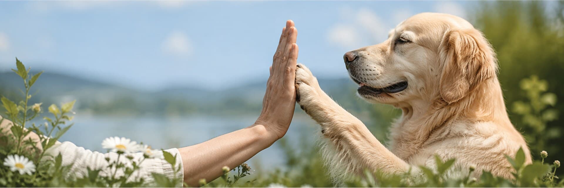 A Golden Retriever pressing its paw against a human hand in a high-five gesture, wildflowers and a lake in the background — trust between dog and owner without medication