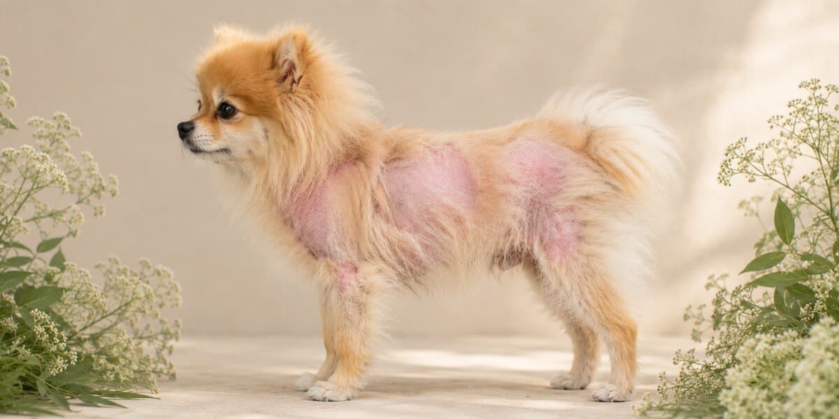 Pomeranian with visible thinning coat and pink skin — Alopecia X