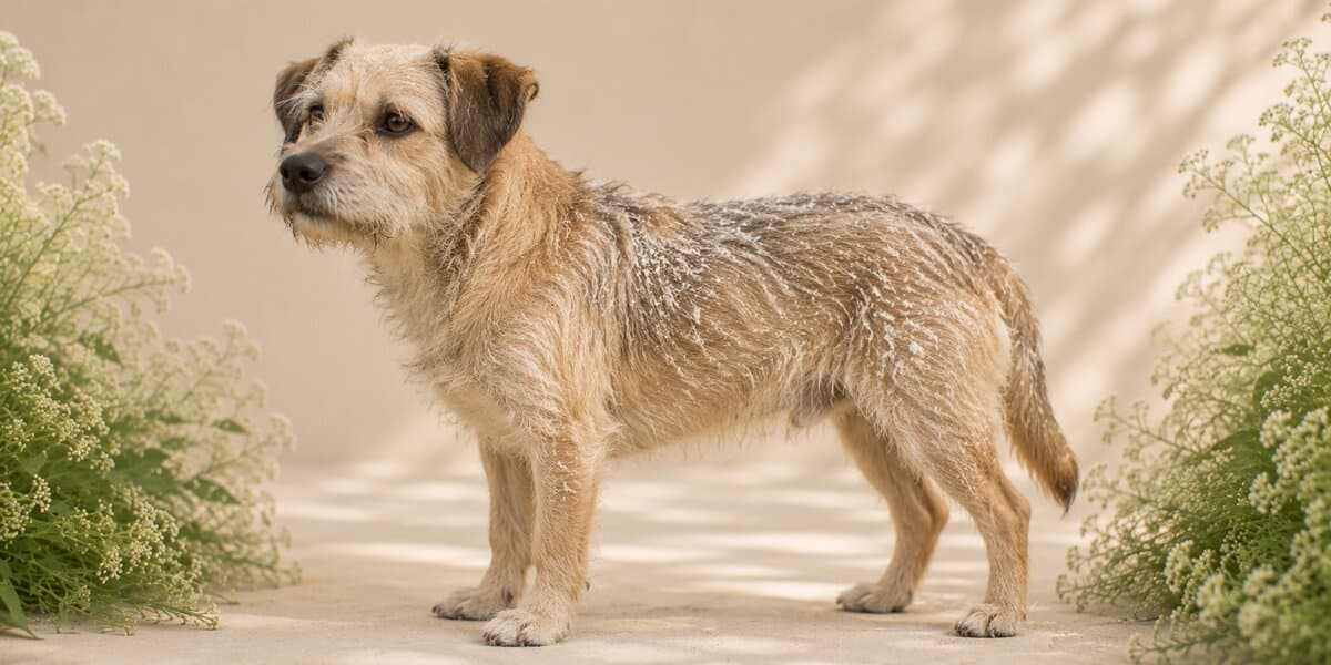 Border terrier standing in soft light — coat lacking moisture and shine
