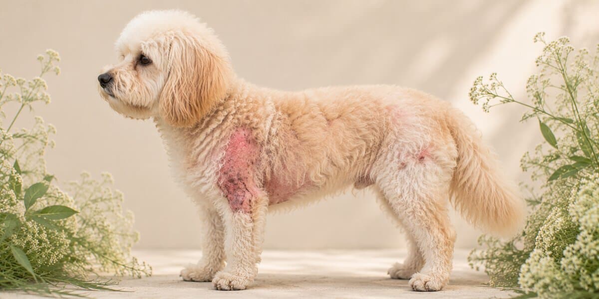 Doodle with a visible red hot spot on its side — irritated skin patch
