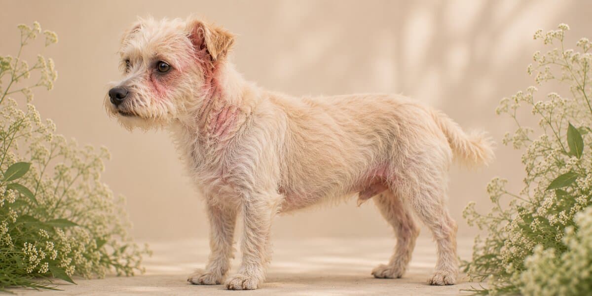 Small terrier with pink, inflamed neck and muzzle — yeast-related skin irritation