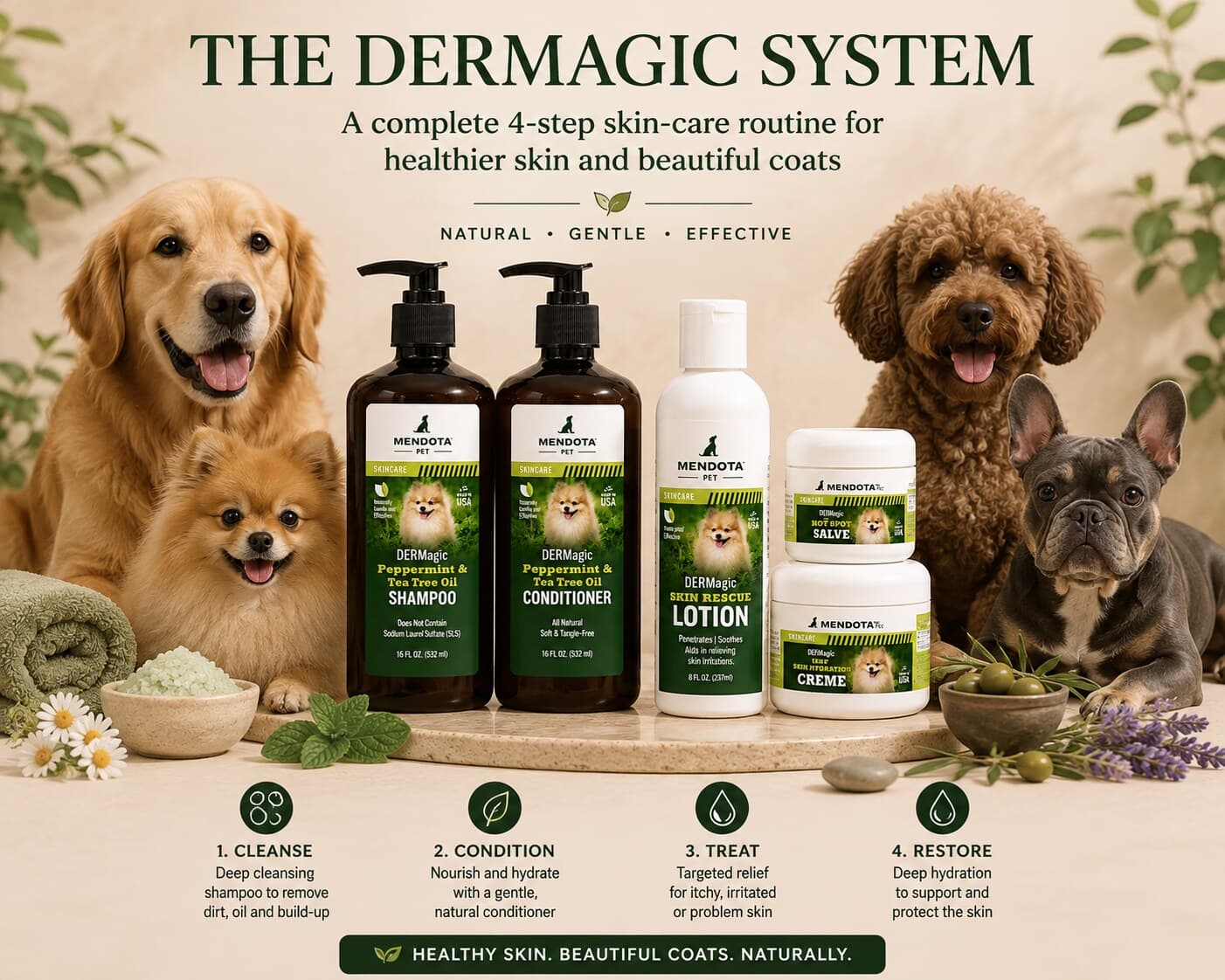 The four-step DERMagic system — cleanse, condition, treat and restore — with the Peppermint & Tea Tree Oil Shampoo, Conditioner, Skin Rescue Lotion, Hot Spot Salve and Cell Restoration Creme