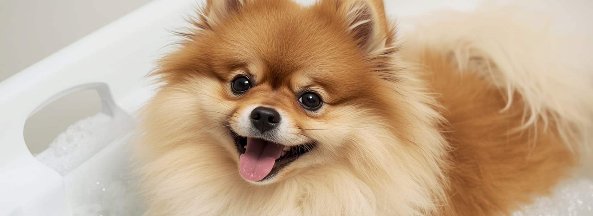 Happy pomeranian in a bath — Dermagic Europe natural pet skincare