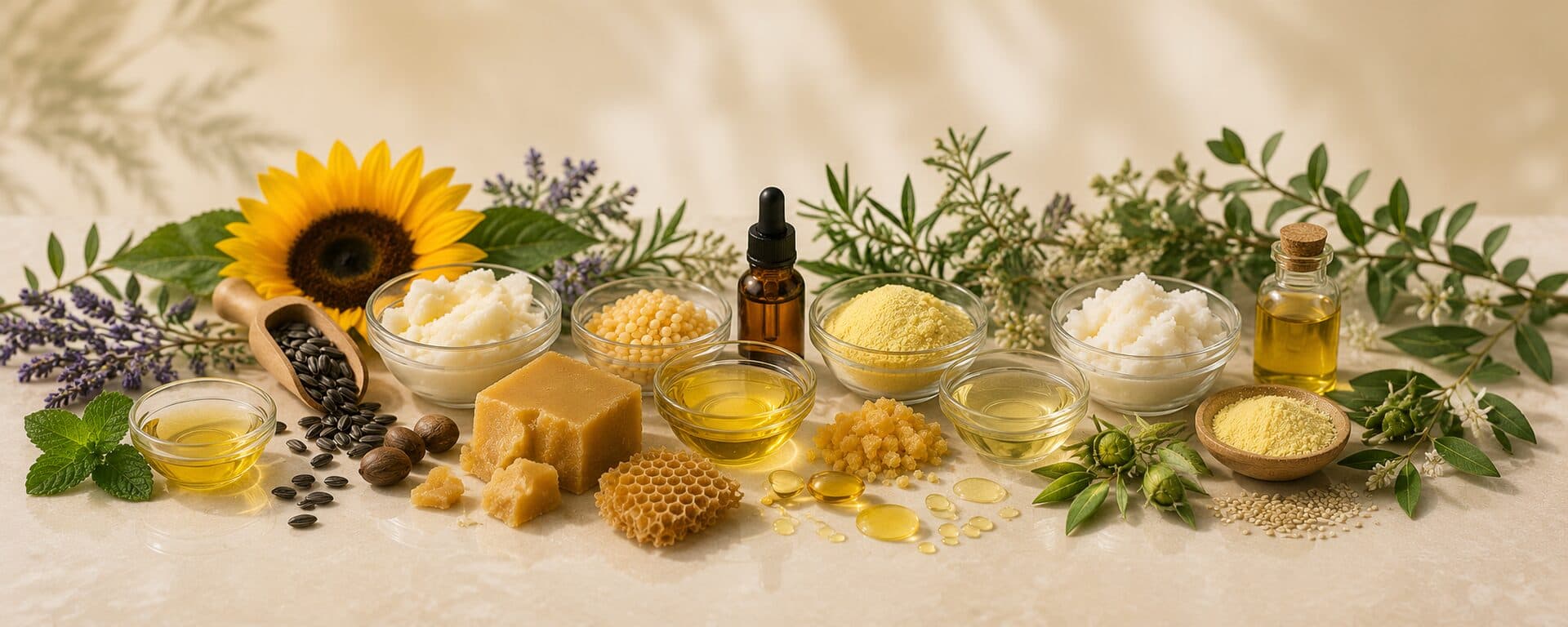 Botanical ingredients arranged at a workbench — the visual for the Learn More hub