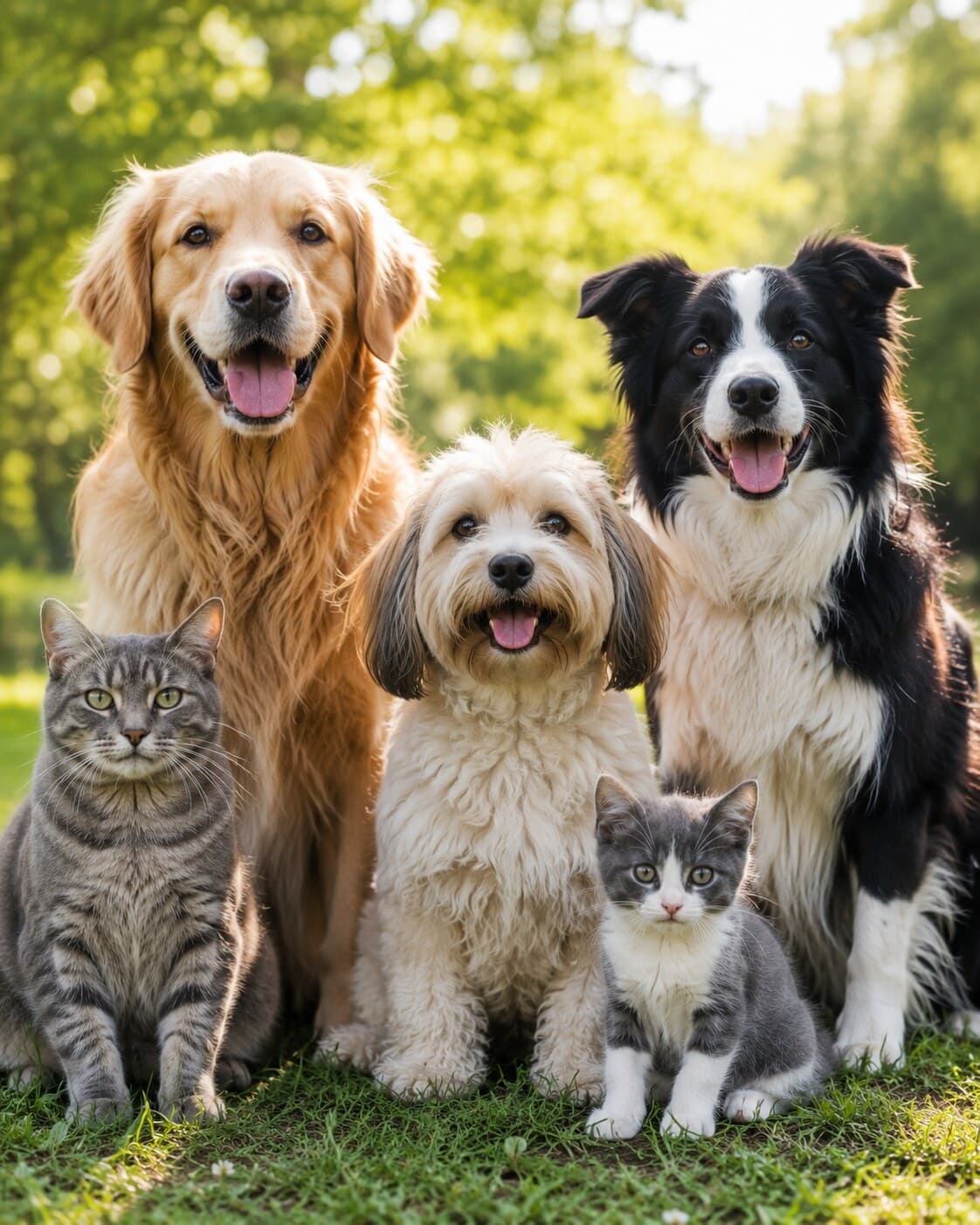Healthy dogs and cats together outdoors — natural skin care for pets