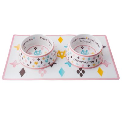 White Chewy Vuiton Bowls & Mat Set Dog Food Bowl