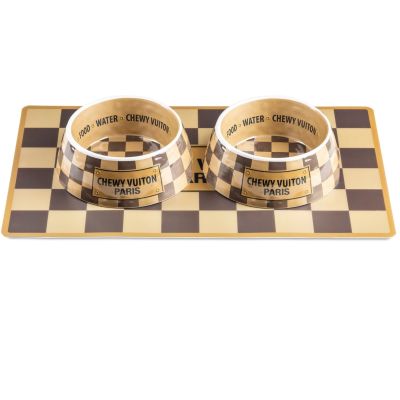 Brown Chewy Vuiton Bowls & Mat Set Dog Food Bowl